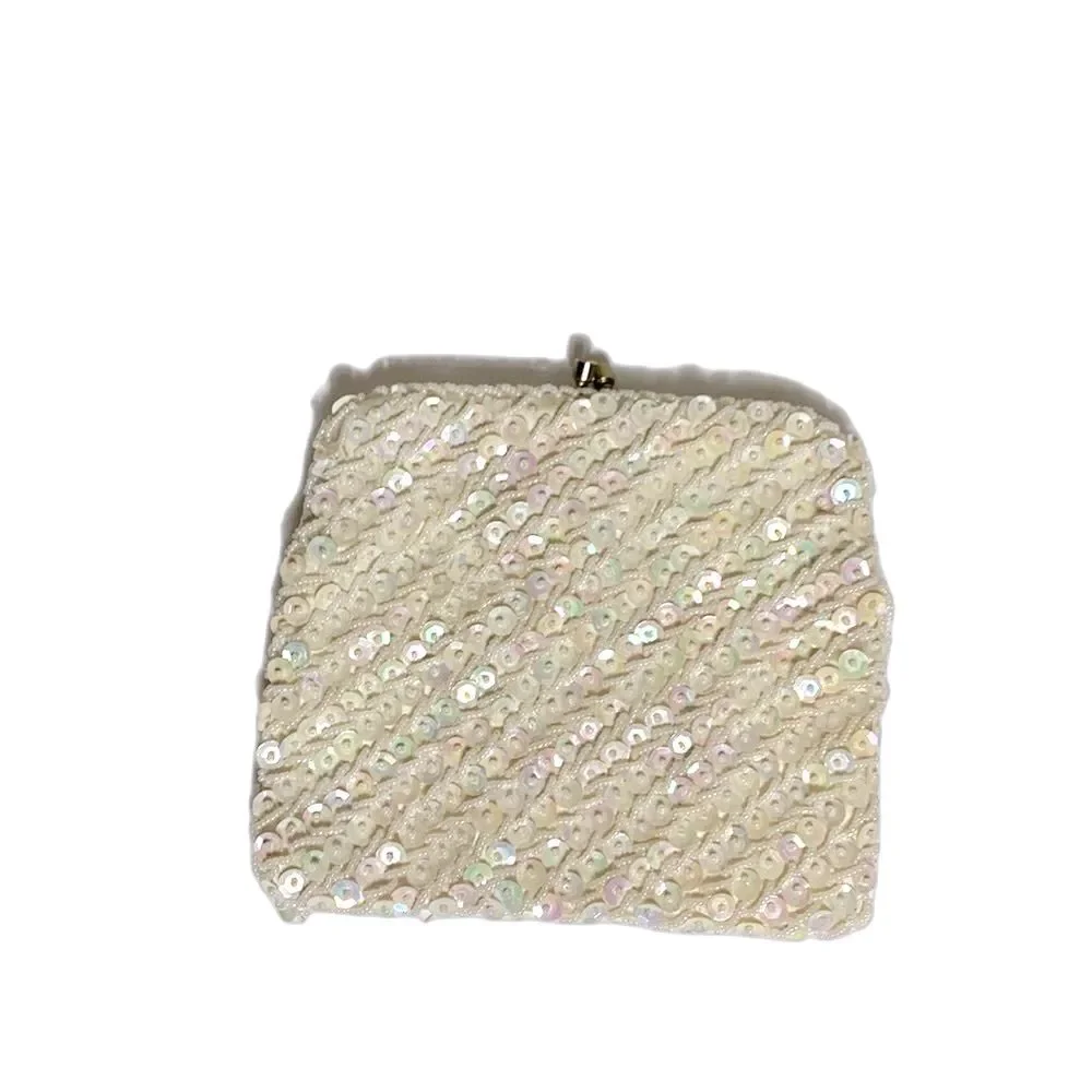 Vintage Ivory Satin Iridescent Sequin Beaded Evening Bridal Clutch Bag